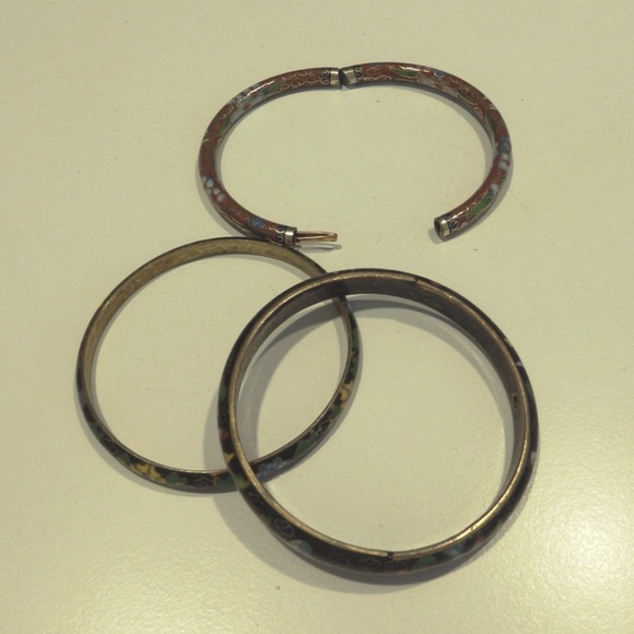 3 Vintage CLOISONNE Bangle Bracelets black & rust - Picture 2 of 3